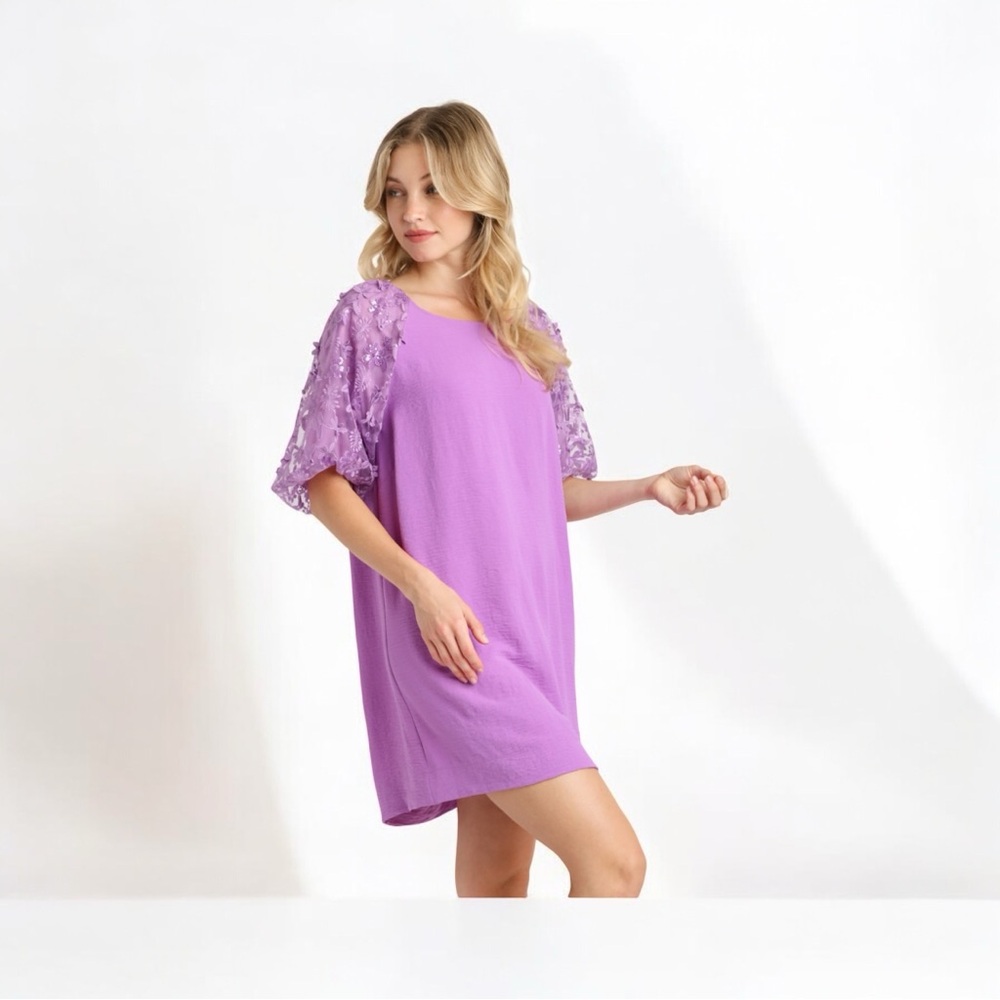 🆕 Umgee Round Neck Solid Dress with Half Balloon 3D Organza Lace